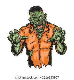 Walking spooky zombie colorful vintage template on white background isolated vector illustration