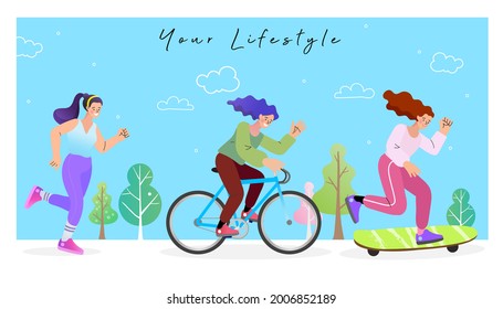 Walking and Sport in the Park. Healthy lifestyle. group people doing different kinds of sport. Bicycle, walking and skating sport characters design elements. Vector illustration in flat design.