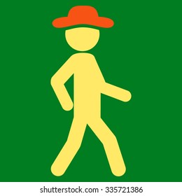 Walking Spy vector icon. Style is bicolor flat symbol, orange and yellow colors, rounded angles, green background.