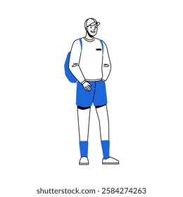 Walking or standing male personage wearing sweatshirts and shorts, high socks and bag. Vector isolated man, student in baseball cap going from gym after exercises and working out, active guy