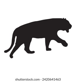 Walking (Standing) Tiger vector silhouette illustration isolated on white background. Big wild cat. Siberian tiger (Amur tiger - Panther Tigris tactical) or Bengal tiger. Tattoo sign.