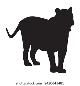 Walking (Standing) Tiger vector silhouette illustration isolated on white background. Big wild cat. Siberian tiger (Amur tiger - Panther Tigris tactical) or Bengal tiger. Tattoo sign.