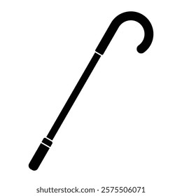 Walking stick with crook handle vector icon. Ideal for mobility or elderly support themes. Black silhouette isolated on white background.