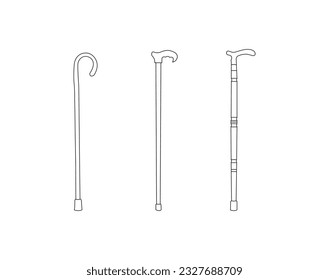 Walking stick isolated on white.Medical special equipment, walkers, crutches and walking-sticks to assist in the movement and care of disabled and elderly people.Outline vector stock illustration.