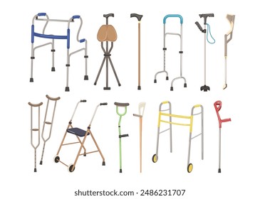 Walking sticks, crutch, aluminum or wood cane support equipment isolated on white background