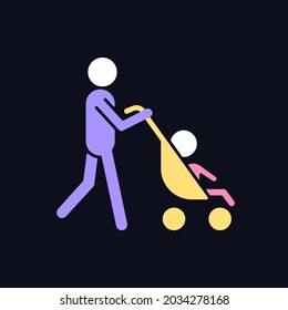 Walking with stroller RGB color icon for dark theme. Bonding time with newborn. Walk with baby carriage. Isolated vector illustration on night mode background. Simple filled line drawing on black