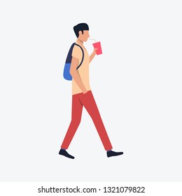 Walking student flat icon. Young man with backpack drinking lemonade. Takeaway drink concept. Can be used for topics like leisure, lifestyle, city life