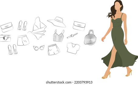 Walking stylish woman online shopping concept ideas. Bikinis, hats, clothes, jewelry, accessories, skirts, shorts, earrings, watches, T-shirts, bags, cameras, wallets. Full body drawing of young woman