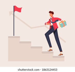 Walking to Succes Concept Vector Illustration, Businessman  climbing career ladder flat design