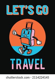 walking suitcase cartoon character illustration in vintage style