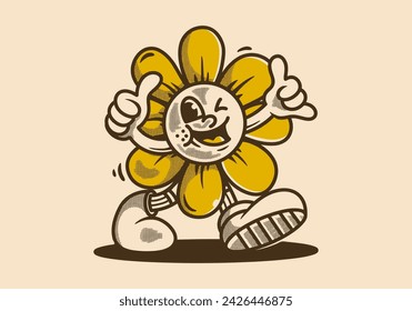 Walking sun flower mascot character illustration in vintage retro style