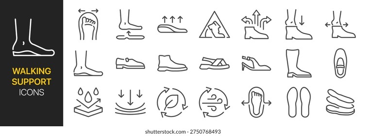 Walking support icon set. It includes insole, cushion sole, comfort, healthy, and more icons. Editable Vector Stroke.