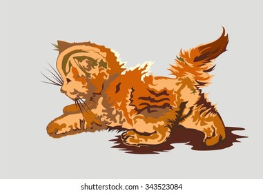 Walking tabby fluffy kitten. Vector illustration.