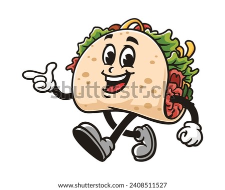 walking Taco with pointing hand cartoon mascot illustration character vector clip art hand drawn