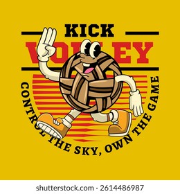 Walking Takraw Ball Sports mascot cartoon character in Retro Style