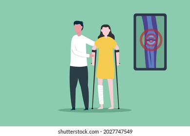 Walking therapy vector concept: Female patient try to walk with her male therapist in the clinic 
