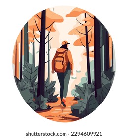 Walking through autumn forest, backpacking adventure design