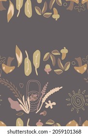 Wandern durch den Herbstwald. Herbstdoodle-Muster. Nahtlose Hintergrund, Vektorgrafik, für das Design von erstaunlichen Dingen. Korb mit Pilzen, Naturgeschenke, braune Farbpalette