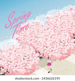 Walking Through the Blossoming Cherry Blossom Path: Vector Illustration of a Spring Scene with a Woman				
