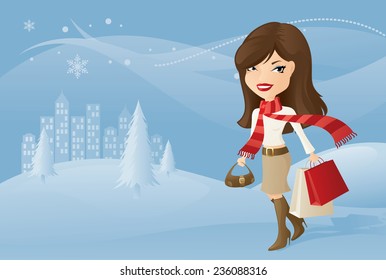 Walking through the snow after successful christmas shopping.