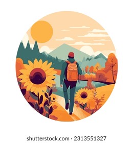 Walking through the sunflower field icon isolated