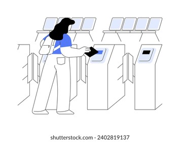 Walking through a turnstile abstract concept vector illustration. Woman walking through the turnstile in the subway, urban transportation services, public transport passengers abstract metaphor.