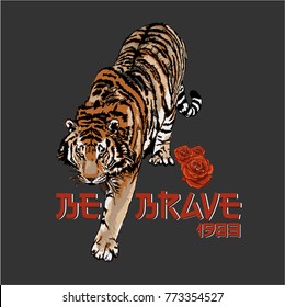 Walking tiger decorated with roses in original colours. Graphic design. 