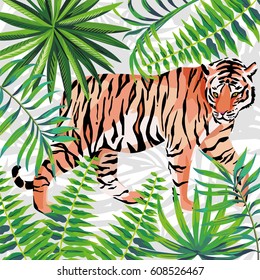 Walking tiger in the jungle with green leaves. Beautiful tropical wallpaper