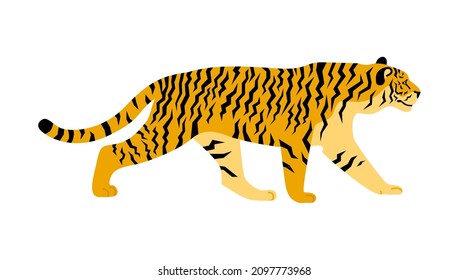 Walking tiger side view. Big wild cat. Symbol of chinese new year. Vector flat illustration isolated on white.