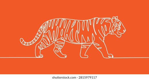 Walking Tiger Single Continuous Line Art Vector Illustration on Orange Background