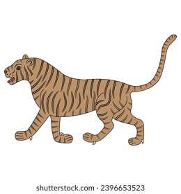 Walking tiger. Traditional animal design from India. Isolated vector illustration.