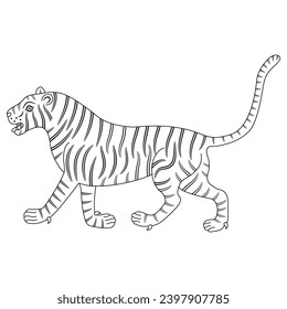 Walking tiger. Traditional animal design from India. Black and white linear silhouette.