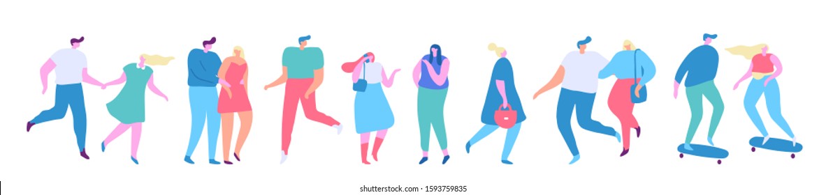 Walking tiny people  flat vector set isolated on white. Men and women, teens, parents. Crowd.