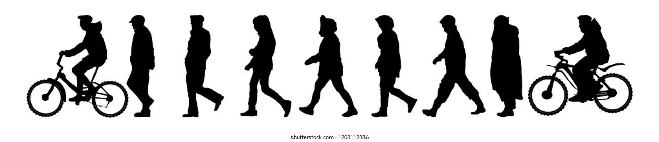 walking tour. cycling track. men and women. vector black on white isolated background