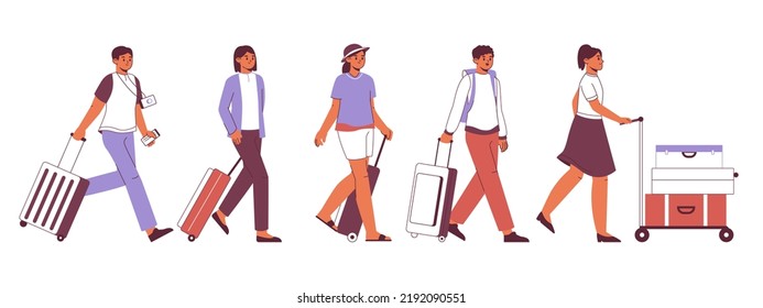 Walking tourist characters, travellers hurry with suitcase and backpack. Flat travellers people, tourist in airport or railway station vector illustrations set. Travellers scene