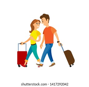 Walking tourists with baggage vector, couple on journey vacation of people. Man and woman relaxing together, travelers with luggage and suitcases