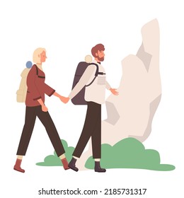 Walking tourists couple with backpacks. Travelling equipment, traveler adventure vector illustration