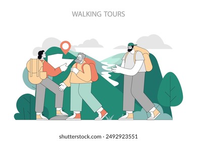 Tours a pie concepto. Los excursionistas con mochilas disfrutan de un sendero escénico, usando un teléfono inteligente para la navegación. Exploración de Naturaleza y trekking. Ilustración vectorial.