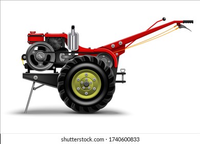 Walking tractor. Agricultural transport machinery. Portable farming equipment. Vector illustration.