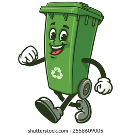 Walking Trash Bin Cartoon Character Mascot Illustration Vector Clip-art Hand-drawn Logo Design