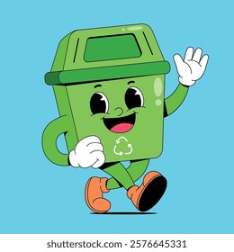 Walking trash bin retro cartoon mascot