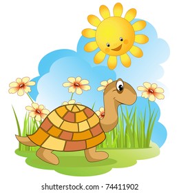 Walking turtle. Cartoon vector illustration.