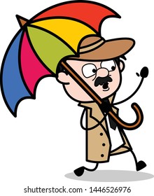 Walking with Umbrella - Retro Cartoon Police Agent Detective Vector Illustration