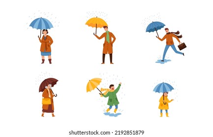 Walking Under Umbrella People Character in Rainy Day Vector Illustration Set