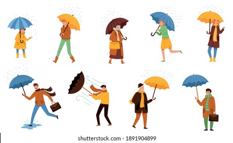 Walking Under Umbrella People Characters in Rainy Day Vector Illustration Set