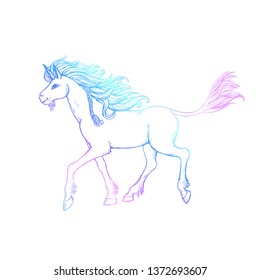 Walking unicorn with flowing mane and tail against the background of a rainbow circle. hand drawn illustration.