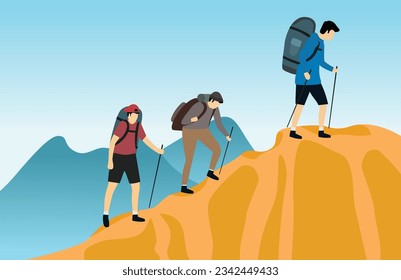 Caminando o de vacaciones con vistas a la montaña. El concepto de viajar, descubrir y observar la naturaleza. Vector de dibujos animados o ilustración plana.