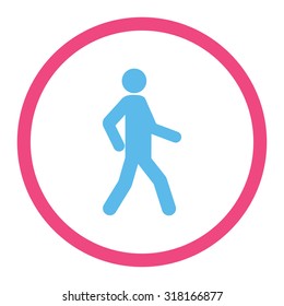 Walking vector icon. This rounded flat symbol is drawn with pink and blue colors on a white background.