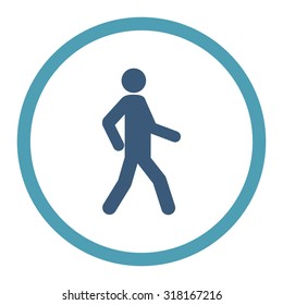 Walking vector icon. This rounded flat symbol is drawn with cyan and blue colors on a white background.