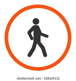 Walking vector icon. This rounded flat symbol is drawn with orange and gray colors on a white background.